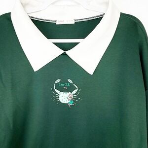 Romwe Womens XL Green Cancer Zodiac Crab Embroidered Cropped Collared Sweatshirt